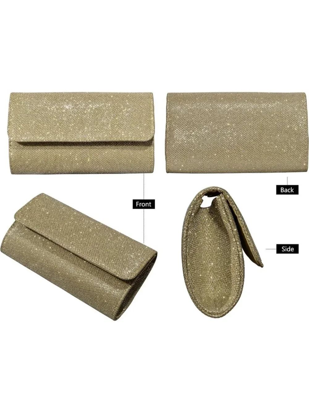 Women's Gold Glitter Clutch Purse Evening Bag With Chain For Wedding Handbag